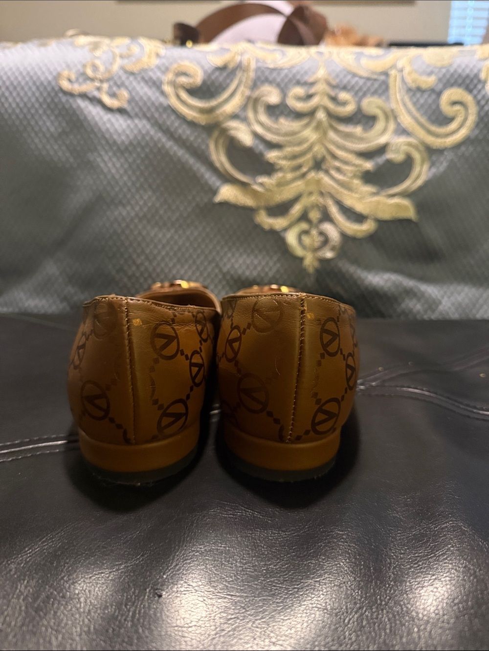 Valentino Tan Leather Pointed-Toe Logo Pumps with Gold Accents - Picture 2 of 4